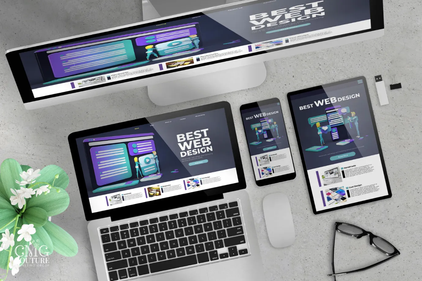 A desk featuring a laptop, tablet, and phone, illustrating key technology for web development and online business strategies